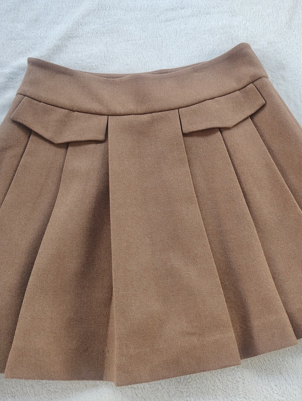 High-Waist Pleated Tan Skater Skirt